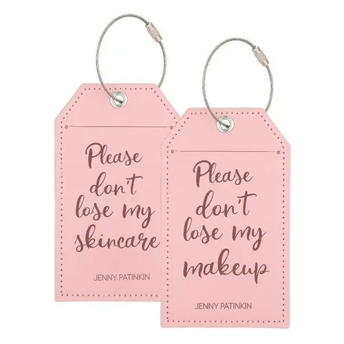Jenny Patinkin Pink Faux Leather Cargo Luggage Tags - 2-Piece Set, 5.25in Cute Elegant Stylish Backpack Charm, Rose Gold Accents, Double Sided Bag Accessory for Makeup Lovers, Firm Attachment, Includes Contact Cards