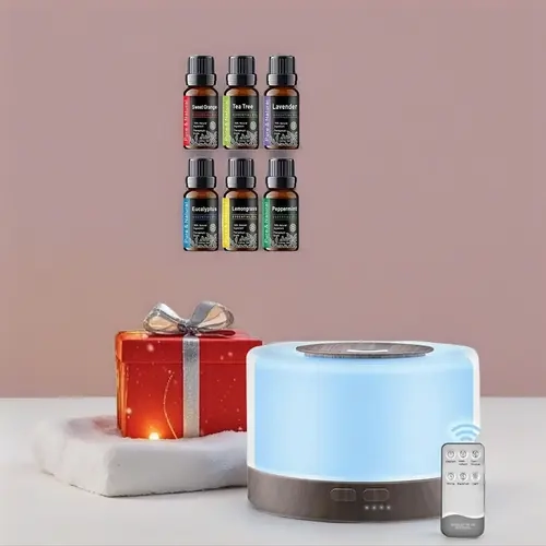 500ml Wood Grain Ultrasonic Cool Mist Desktop Humidifier - Remote Control Essential Oil Diffuser with Night Light, Waterless Function, Salt Lamp, 6 Oils, Humidifier Purifiers, Modern Home Decor, Stress Relief