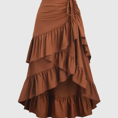 Women's Solid Color Ruffle Hem Woven Skirt, Boho Fashion Casual High Low Hem Skirt for Daily Holiday Vacation Wear, Ladies Bottoms for All Seasons