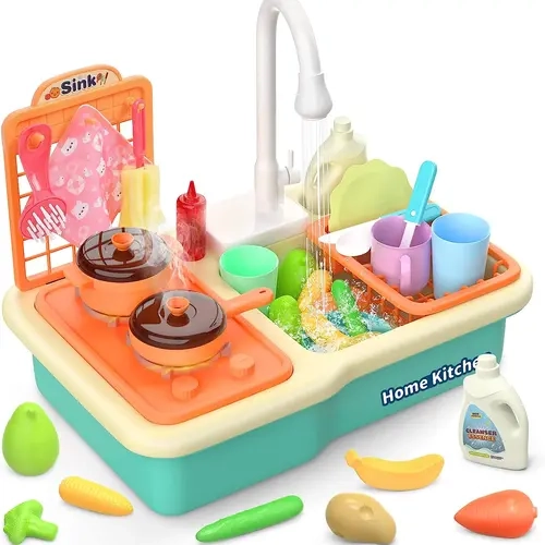 CUTE STONE Unisex Kids Cooking Playset Pretend Play Set with Running Water, Upgraded Electric Faucet, Automatic Water Circulation, Waterproof Motor, Detachable Drain Rack, ASTM-Certified Wet Learning Toy, 15-20 Mins Battery Cycle, Cool Gifts for Kids
