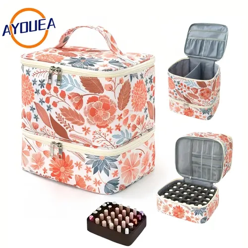 Double Layer Nail Polish Organizer Case with UV Lamp Storage Adjustable Dividers Valentine's Day Gift Water-Resistant Quilted Nylon Makeup Bag Portable Manicure Tool Box Large Travel Cosmetic Carrier for Jewelry & Accessories Girlfriend Present Minimalist
