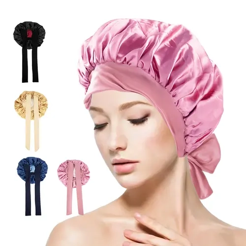 Women Silk Bonnet for Sleeping Double Layer Satin Bonnet Satin Lined Hair Bonnet with Tie Band Curly Hair Protection