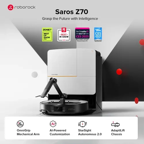 Roborock Saros Z70 Robot Vacuum Cleaner Mop - Cordless High Power House Cleaning Gadget, AI Powered Customization, 22000Pa Suction, 3.14in Ultra Slim, OmniGrip Arm, FlexiArm Riser Tech, AdaptiLift Chassis, Obstacle Avoidance, Auto Mop Washing & Drying