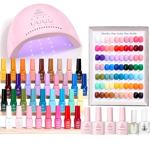 Beetles Glamorous Gel Nail Starter Manicure Kit - UV Lamp, Soak-Off Formula, Base Coat, No-Wipe Pastels, Glitters, Glossy & Matte Top Coats, Nail Care Cosmetic, Adults’ Birthday/Holidays Gift