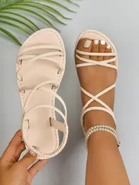 Women's Fashionable Crossed Strap Slides, Casual Comfortable PU Leather Flat Sandals for Beach, Lightweight Design Slides for Daily Wear, Walking Shoes, Rubber, Footwear for Beach, Trending Sandals, Trendy Sandals, Fashionable Comfy Sandals