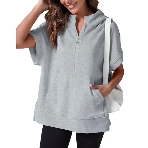 FISOEW Womens Oversized Half Zip Hoodies Short Sleeve Casual Sweatshirts Pullover Tops with Pockets Leggings Loose Aesthetic parke mockneck sweatshirt comfort sweatshirts denim tear hoodie FallFreshness #Springtok #TikTokShopJumpstartSale,summerwins,summe