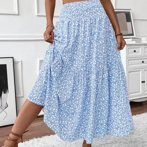 Women's Ditsy Floral Print A Line Ruffled Hem Skirt, Boho Hippie Bohemian Fashion Casual Floral Printed Skirt for Daily Holiday Vacation Wear, Ladies Bottoms for Summer