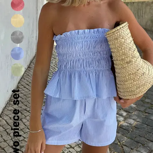 Two-piece Set Women's Striped Print Tube Top & Shorts Set, Casual Strapless Top & Shorts for Daily Wear, Ladies Clothes Womenswear for Summer Outfit