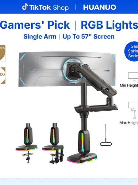 HUANUO Adjustable Ergonomic Heavy-Duty Monitor Arm - Office Accessory for Desk Organization, Space-Saving Single Desk Mount with RGB/Non-RGB Options, 49"-57" Ultrawide Screen Compatibility, 44 lbs Capacity, 29.1" Max Height Tall Stand, Max VESA 100x100mm