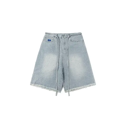 Aelfric Eden Men's Rhinestones High-Waist Baggy Durable Denim Shorts - Multi-Pockets, Distressed Hem, Edgy Finish, Fringe Detail, Chic Streetwear Style, Casual Vintage Jorts, Fit for Skateboarding/Date, Summer Gift, Hand Wash Only, Menswear Bottoms