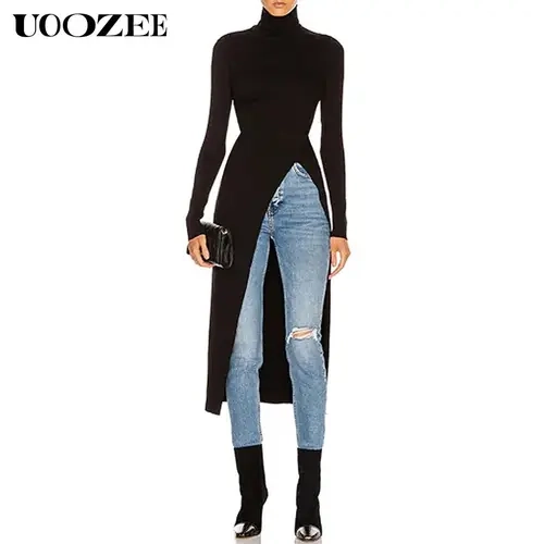 UOOZEE Women's Slim-Fit Long-Sleeve Polyester Turtleneck Pullover - High Neck Knitwear with Split Hem, Stylish Women's Wear, Flattering Tops for Office-To-Leisure Casual Business