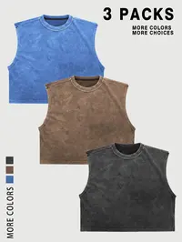 【TDOTW】Men's Washed Sleeveless Plain Casual Fitted Muscle Tank Vest Top, high-quality cotton, all-day wear, street culture effect, enhance comfort and fashion