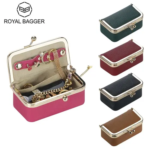 Royal Bagger Women's Elegant Design Genuine Cow Leather Jewelry Storage Organizer Box - 10x5.5x4cm/3.93x2.16x1.57in Travel-Ready Size, Smooth Metal Kiss Lock, Compact Lightweight, Beauty Organization, Mini Useful Gifts for Women (Rings Stay Put)