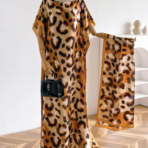 Women's Leopard Print Long Sleeve Kimono & Scarf Set, Casual Open Front Outerwear & Shawl, Ladies Clothes for Beach Vacation, Beach Swimsuit Coverup, Womenswear, Leopard Pattern