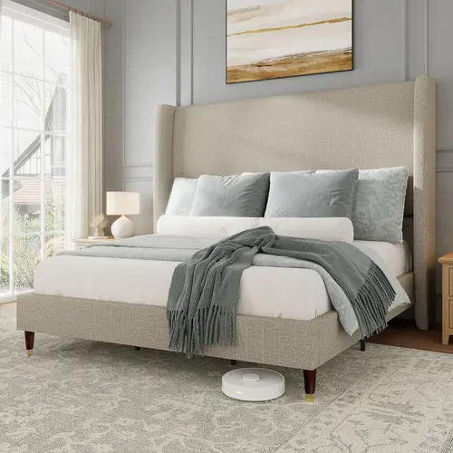 AMERLIFE Platform Bed Frame with 51.2" Tall Headboard, Upholstered Bed with Wingback/Solid Wood Legs/Durability/No Box Spring Required/Luxury Bedroom Furniture Design /Full/Queen/King Size/Best Gift Ideas/Christmas Gifts[TikTokShopFallDealsForYou]