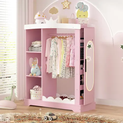 Topwin Children's Single-Unit Multi-Functional Armoire Closet Organizer - Princess-Themed Indoor Furniture, Mirrored Armoire Closet, Lighted Full-Length Mirror, Black Velvet Jewelry Safe, Wave Trim Shelves, PVC Storage, Heart-Shaped Cutout, Pink & White