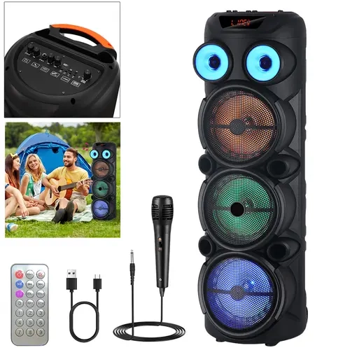 Portable Wireless Bluetooth PA Speaker System - 3x8in Woofers, Wired Microphone, Colorful LED Lights, Audio Playback, Card Slot, Control Buttons, Fast Charging, Plastic Build, Remote Control, Cable, Smartphone Connection for Party Use