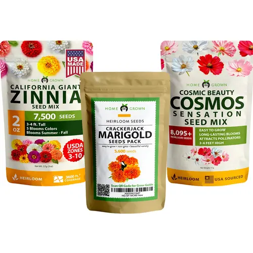 Home Grown Vibrant Flower Seed Mix Variety Pack - Marigold, Zinnia, Cosmos - 21000+ Seeds for Outdoor Garden Full Sun Multicolor Diverse Selection Compact Cut Gardens
