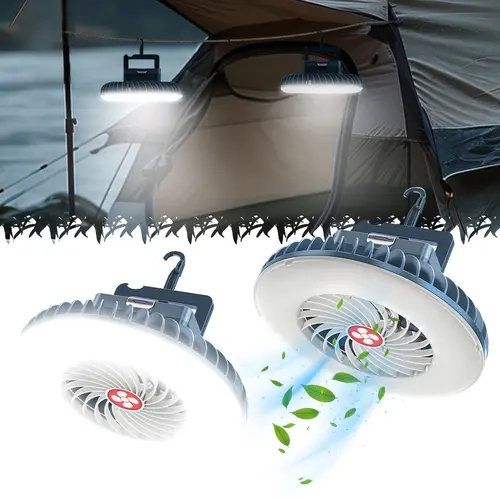 ISUNMEA 2-in-1 Fan Camping Light, Outdoor lighting fan , Small-sized hanging magnetic lighting fan . USB rechargeable waterproof tent fan, Suitable for outdoor activities, camping, mountain climbing ，power outages.