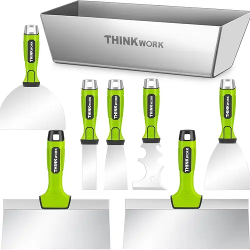 THINKWORK Drywall Tools, 8Pcs High Quality Stainless Steel Drywall Knife Set, Putty Knife with Mud Pan, Ergonomic Grip Tapping Knife with Hammer End for Drywall Work