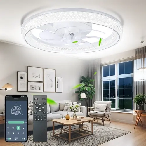 VALLERICO Contemporary Flush Mount Ceiling Fan-Light Combo, LED Dimmable Ceiling Lights with App/Remote Ctrl, 6-Speed Reversible Quiet Low Profile Fan, Diamond-Elegant for Living Room, Easy Daily Use Home Improvement Fixture,Stockup,Halloween,sohochic