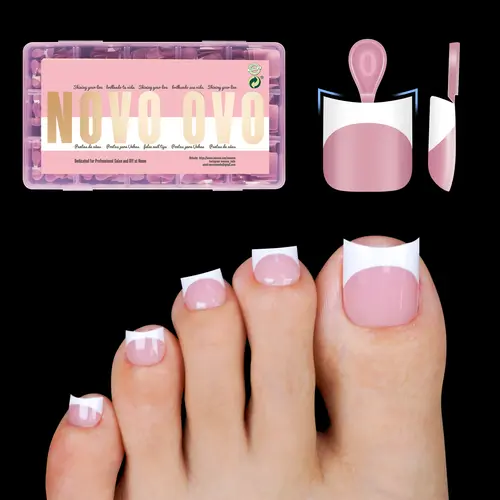 NOVO OVO Acrylic Press On Nail Sets - Adult White French Tip Berry Pink Sharp Square Thick Soft Gel Toe Nails, Moon Curve for Medium-Short Beds, 15 Sizes 240 Pcs, Easy DIY Home Manicure, Pool Safe, No Glue & Top Coat Included, Acrylic Press On Nails
