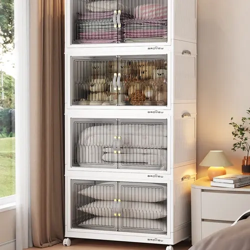 BROVIEW Stackable Storage Boxes (3-Pack, 60Qt Size Each, 180Qt Total) - Collapsible Rolling Crate with Lid+Wheel, Antitip Lock, Space Saver Organizer for Closet, Basement Home Organization (White)