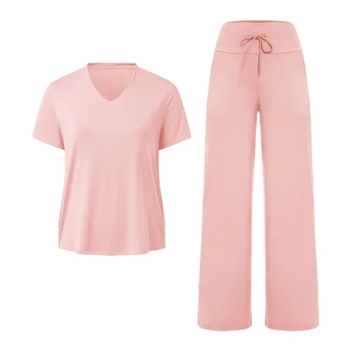 SHOWITTY Soft Women's Lounge Set, V-Neck Short Sleeve Top & Wide Leg Pants with Pockets, Casual Travel & Fall Loungewear