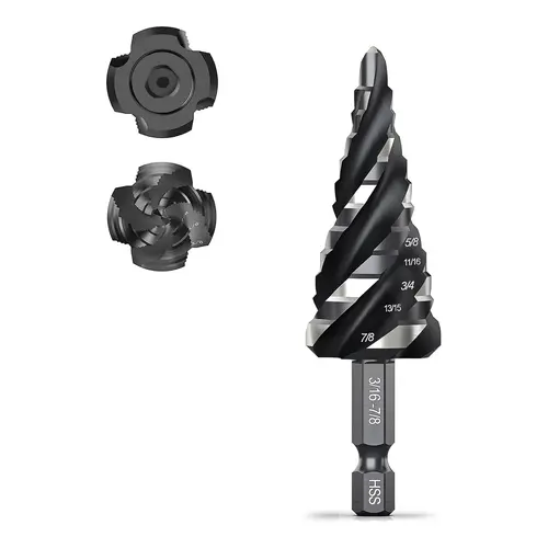 THINKWORK Four Spiral Flute Step Drill Bit, HSS Step Drill Bit3/16-7/8 (12 Steps) Unibit Step Drill Bit, 1/4" Shank Step Bits for Aluminum, Wood, Plastic, Metal