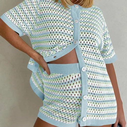 FISOEW Women's 2-Piece Striped Crochet Knit Beachwear Set - Oversize Button-Down Top, Matching Shorts, Crew Neck Beach Cover Ups, Bathing Suit Coverups, Swimwear Coverups for Water Activities & Casual Fashion