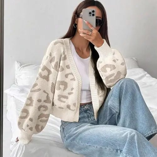 Women's Leopard Print Cardigan Sweater, Casual Loose-Fit Knitted Top, Fall & Winter Fashion, Colorblock Pattern, Versatile Daily Wear, Knitwear