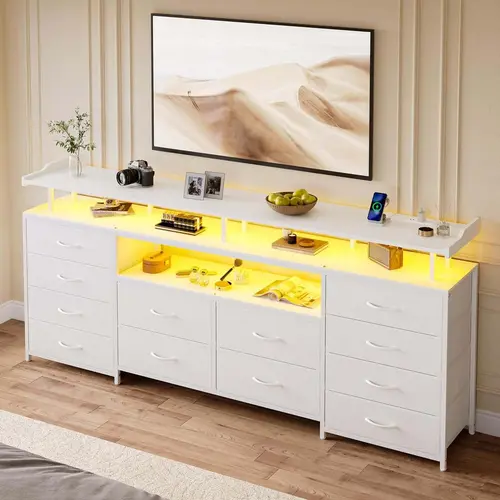 Sikaic TV Stand Dresser for 65 Inch TV, 63" W Dresser with LED Lights & Charging Station, White Long Dresser with 12 Fabric Drawers, Entertainment Center with Shelves for Living Room, Home Furniture Christmas Gifts cozy home familyfun [TikTokShopblackfrid