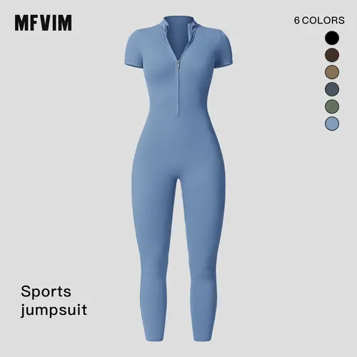 MFVIM Female Short-Sleeve Zip-Up Stand Collar Yoga Jumpsuit - High-Elastic Quick-Dry Slim-Fit Waist-Controlled Athletic Skinny Sportswear Jumpsuit with Yoga-Ready Stretch, Short-Sleeve Ease, Summer Travel Essential