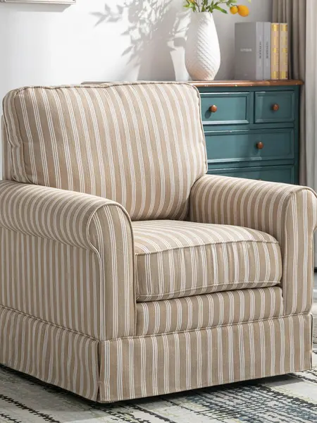 [memorialday] Ebello Swivel High Back  Linen Mid Century Modern Accent Chair – Wood Frame, Upholstered Seat with Waist Cushion – Elegant & Durable for Any Room，Fully Assembled, Brown Stripe
