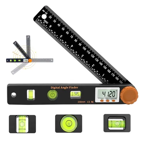 PWDET 7-Inch 4-in-1 Digital Angle Ruler Hardware Tool, Portable Backlit LCD Display Protractor with ±0.5° Accuracy, 0-360° Rotation, Dual Bubble Levels, 2000 Hours Battery Life, Angle Hold/Save Function, Compact for Tool Bags