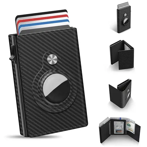Mens Smart Wallet Card Holder for AirTag: Leather,  RFID Blocking, Slim, Carbon Fiber, Minimalist - 6-9 Card Capacity | ID Window | Cash Slot Secure Card Storage Rfid Organizer