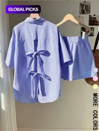 Two-piece Matching Set Women's Striped Print Bow Back Top & Shorts, Casual Button Top & Shorts for Summer, Ladies Clothes for Vacation Holiday