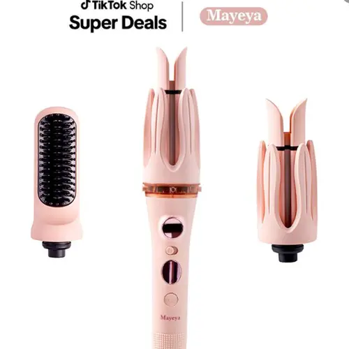 Mayeya 1 Automatic Hair Wand - Ceramic Safe Heated Curler & Straightening Tool, Lightweight, Dual Voltage, Portable Travel Styling Kit for Adults, All Types, Pink Crimper with Wavy Curl Transformation