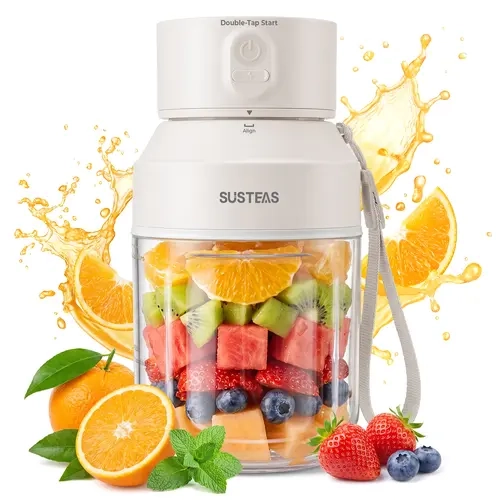 SUSTEAS 2-in-1 Portable Whole Fruit Juicer - 1000ML(33.8oz) Compact Hand-Held Button-Activated Juicer, ABS, Large Chute, Battery-Powered, Auto-Cut Off, Dual Lids, Adjustable Carry Strap, 60s Timer, Ice-Crushing, for Workout, Office, Compact Juicers