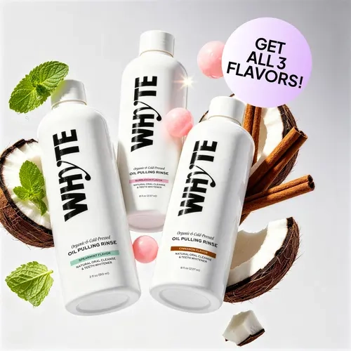 WHYTE Organic Oil Pulling Rinse Bundle (Coconut, Clove, Bubblegum, Cinnamon, Eucalyptus Flavors) - 8 fl oz Alcohol & Fluoride Free Oral Care, Daily Gentle Brightening Rinse Liquid for Bad Breath, Detox, Teeth Whitening