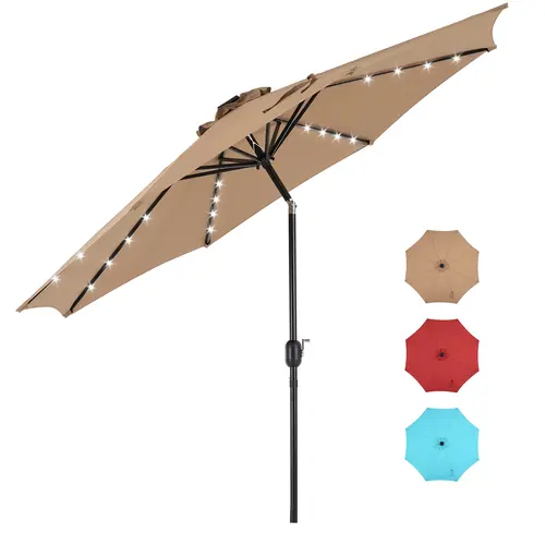 Sweetcrispy 10ft Wide 10-Rib Iron Outdoor Sunshade Umbrella - Crank Operated Parasol, 32 LED Solar Lights, UV-Resistant, Adjustable Tilt Canopy, Windproof, 62.6x6.1x5.9 Inches, for Backyard Deck Solar-Lit Nights
