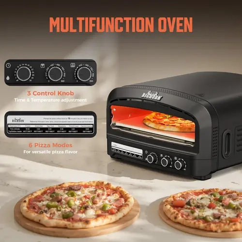 BIG HORN OUTDOORS 14-in 120V 1800W Electric Countertop Pizza Stone Oven - 50% Smaller Footprint, 220-800°F Range (800°F Pizza Heat), 6 Multi-Cook Modes, LED Display, Flip-Up Design, Dual Tubes, Easy Wipe Clean for Home Kitchen (TikTokShopBlackFriday)