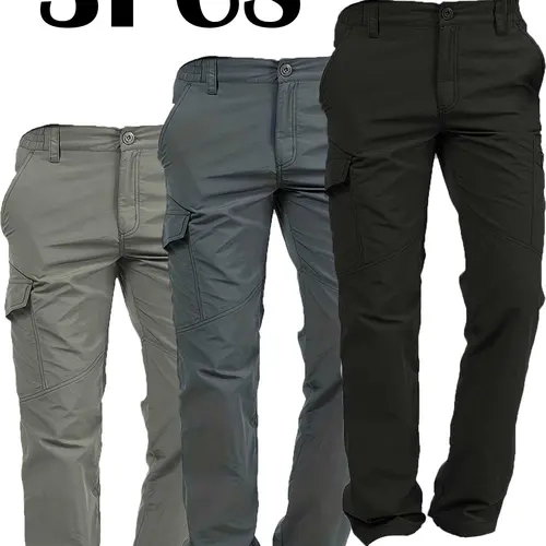 3PCS Sporty Men's Flap Pocket Waterproof Cargo Pants, Regular Fit Sport Quick Drying Jogger Trousers, Pants for Men, Men's Joggers for All Seasons