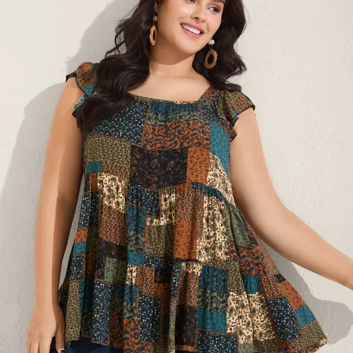 BLOOMCHIC Plus Size Rayon Tank Top [M-6X] - Women's Square Neck Casual Boho Sleeveless Breathable Bohemian Floral Plaid Cute Top for Summer Back to School, SohoChic