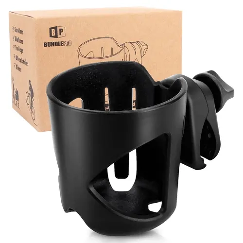 BUNDLEPRO Stroller Drink Holder - Adjustable, 360-Degree Rotation Plastic Accessory with Clamps for Front or Side Bars, Portable Lightweight, Bike Accessories, Fits Most Drinks, Baby Travel Gear