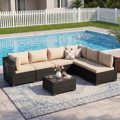LEVELEVE 7-Piece Outdoor Patio Garden Furniture Set, Hand-Woven Rattan Clip-To-Fit Sectional Couch with Adjustable Tea Table, Washable Covers, Terrain-Fit Feet, Fast Clip Assembly Required (2-Pack Shipping)