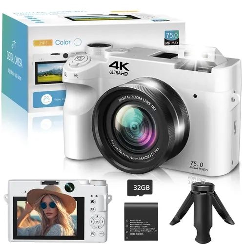 WIKICO 75MP 4K Wi-Fi Enabled Digital Point & Shoot Vlogging Camera - Autofocus HD Device for Content Creators, 18X Zoom, 3.0" LCD Screen, 32GB Memory Card, 1 Battery, 1 Tripod, Compact Travel Gear for Photography Beginners