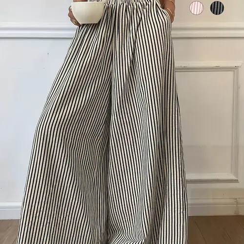 Women's Vertical Striped Casual Elastic Waist Wide Leg Pants, Casual Fashion Bottoms, Loose-Fitting Stripe Design, Comfortable Daily Wear, Womenswear, Lady