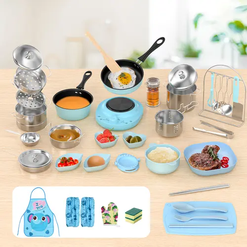GOTOOFUN Kids Cooking Pretend Play Kit for 8-12 Years (Pink/Blue) - Family-Friendly Cute Dainty Kitchen Toys with Play Food, Safe Knife, Cutting Board, Steamer, Storage Rack, Montessori Life Skills Tools, Child-Safe Gift