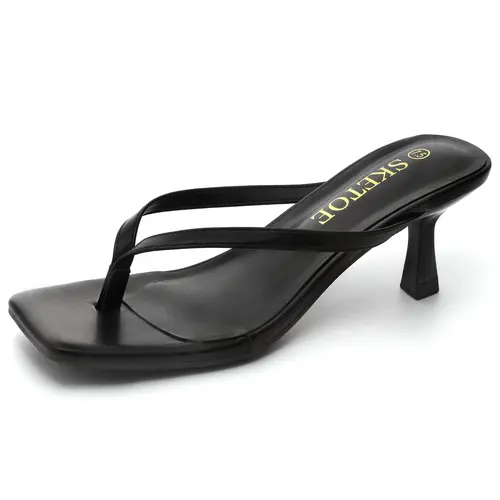 Black Kitten Heels for Women - Square Toe Flip Flop Thong Heels, 2 Inch Low Heels, Soft Vegan Leather, Memory Foam Padding, Trendy 2026 SummerVibes Cute Comfy Beach Heels for Casual, Commuter,  Wedding & Dressy Occasions,Slides a Kitten Heel Long Feet.